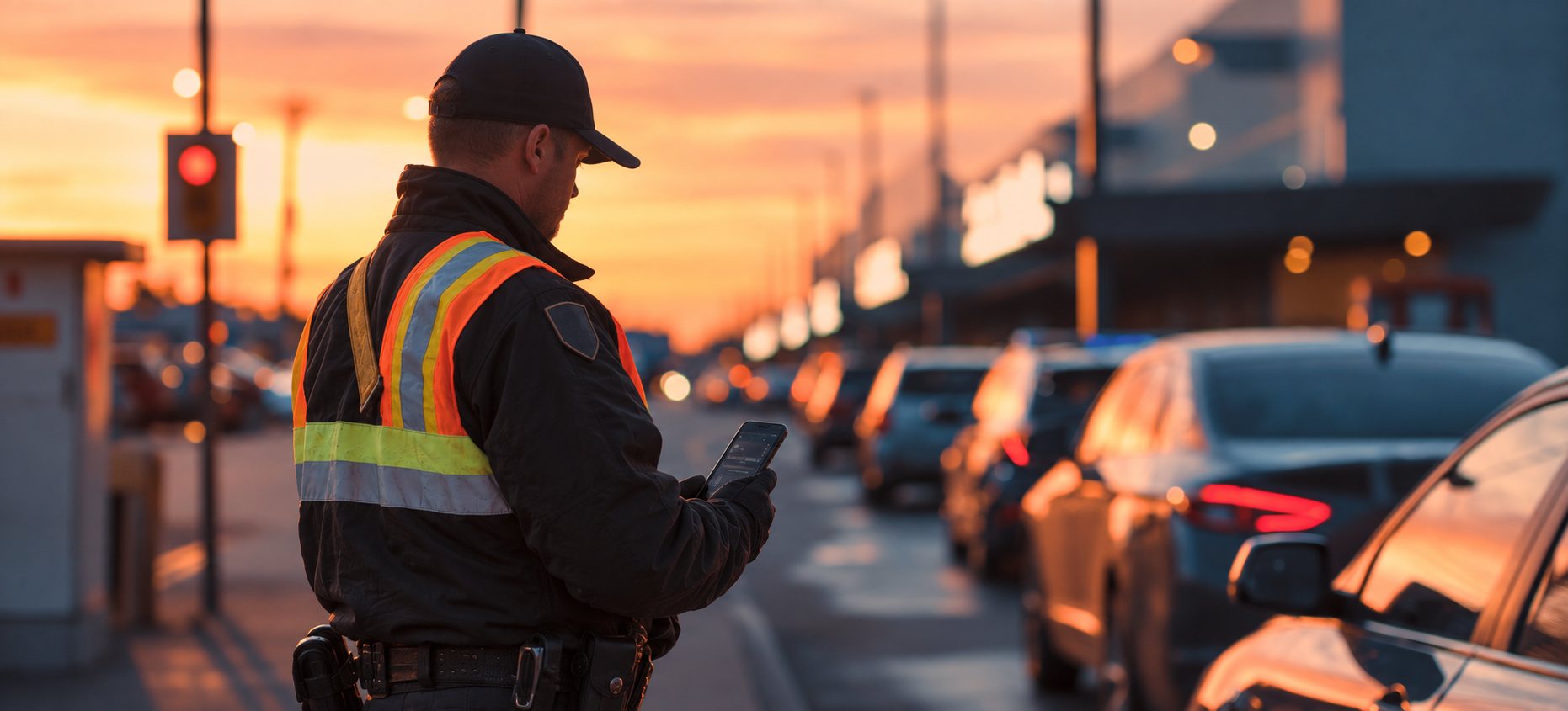 An enforcement officer checking a handheld device beside a row of parked cars at dusk